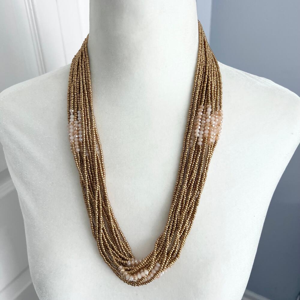 Gold and pink multistrand seed bead chunky statement bib necklace